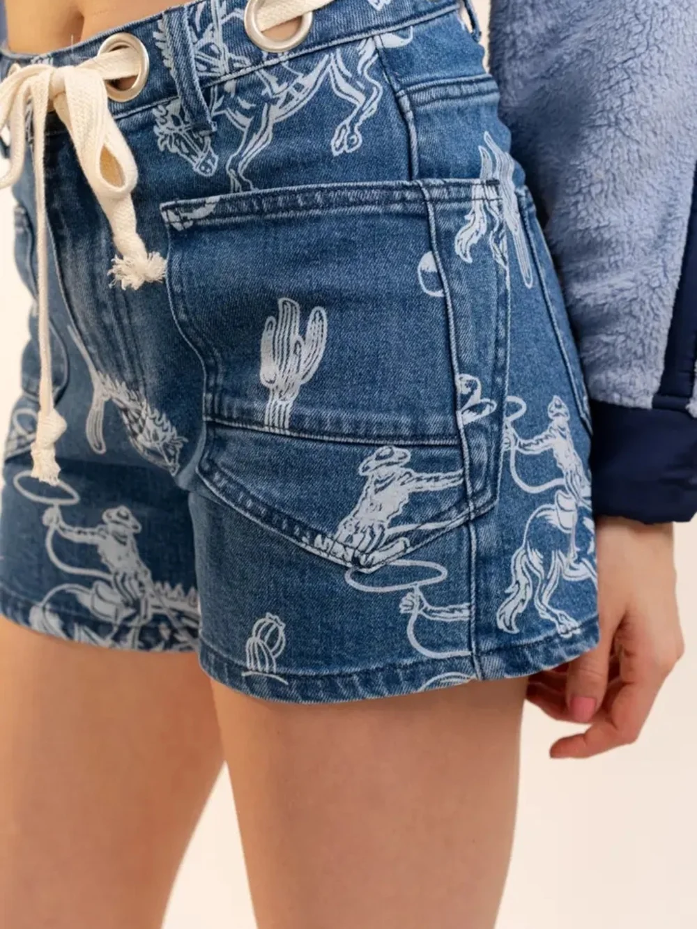 BLUE b Women's Blue Printed Denim Shorts with Drawstring Waist